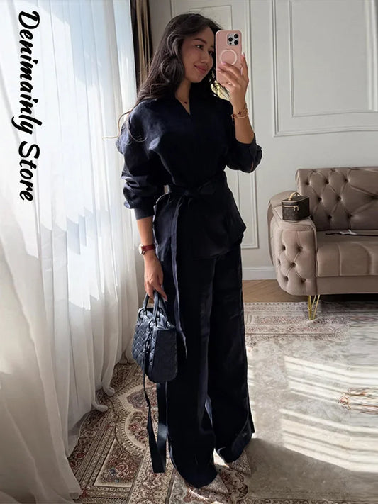 Casual Women's Linen Pants Set 2 Pieces Loose Lace Up Lapel Buttons Shirt Wide Leg Pant 2026 Spring Summer Lady Holiday Suits