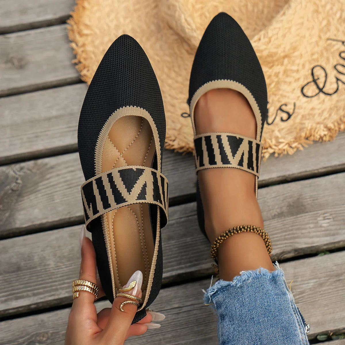 Knitted Color-block Women's Flat Shoes Dressy Ballet Flats Casual Striped Straps Pointed Toe Loafers Female