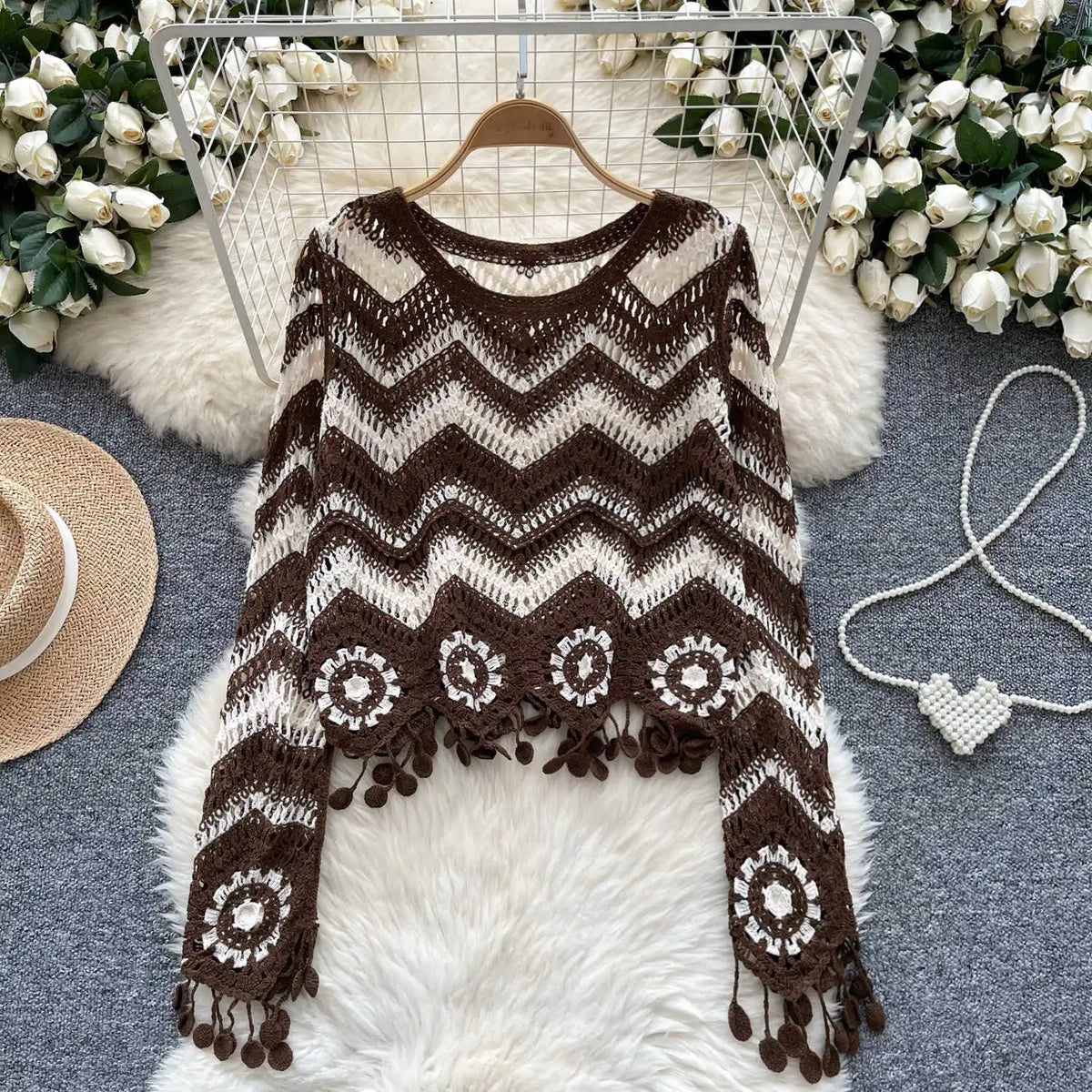 Zig Zag Crochet Sweater Tassel Details Long Sleeve Open-stitch Knit Top Pullover for Women Teen-girl Boho Vacation Outfit