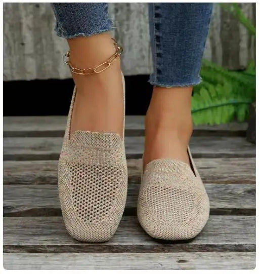 2024 Solid Color Square Toe Mesh Loafers Shallow Women Flats Shoes Soft Bottom Knit Ballet Flats Shoes Casual Slip on Boat Shoes