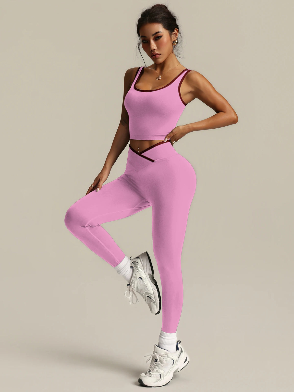 2 Piece Yoga Set Women Crossover V Waist Leggings Contrast Trim Sports Bra Gym Workout Matching Set Fitness Activewear Suit