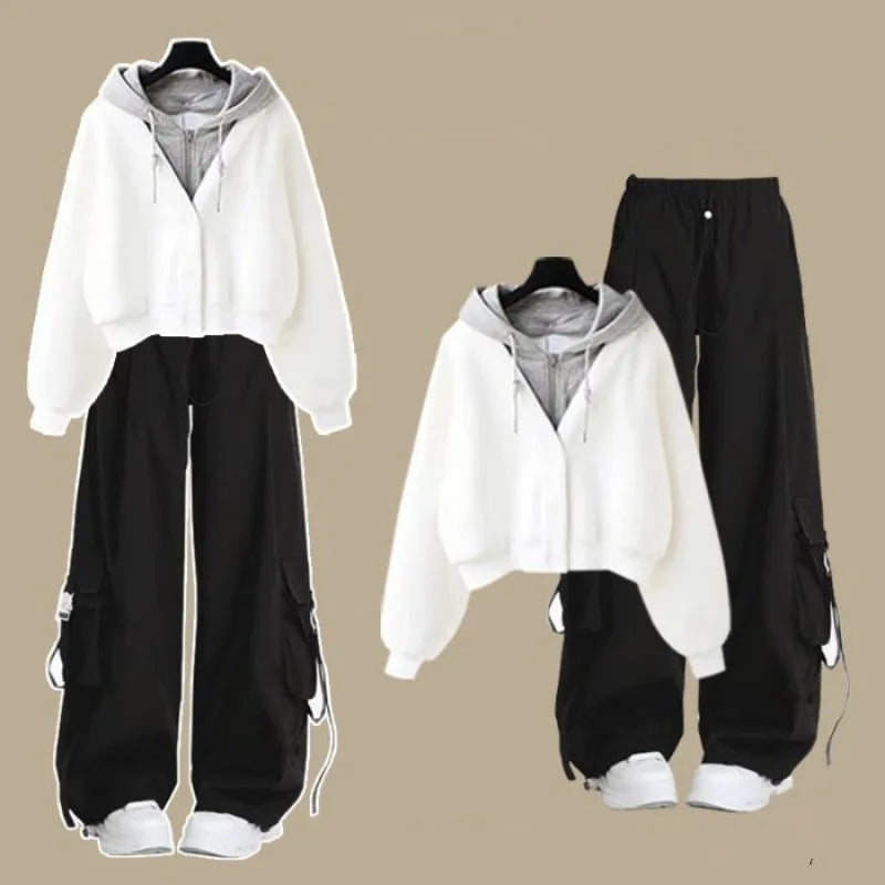 2026 Girl Spring Autumn New Casual Tracksuit Matching Set Korean Elegant Fake Two-piece Hooded Sweatshirt+Loose Cargo Pants Suit