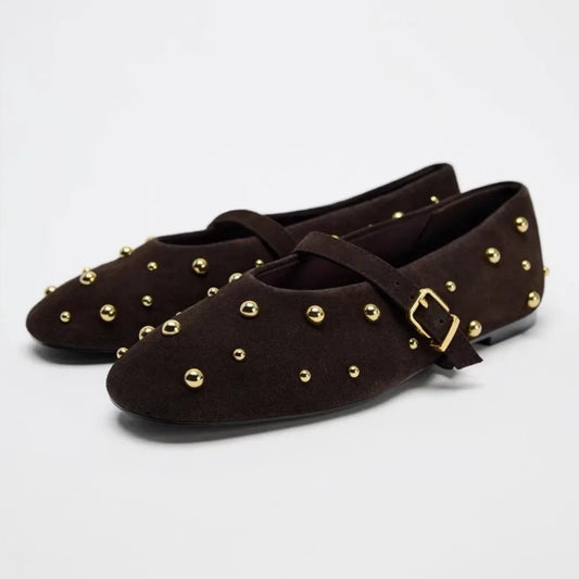 Flat Shoes for Women Spring/autumn Brown Imitation Suede Studded Round Toe Ballet Flats with Straight Stripes Mary Jane Pumps