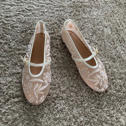 Mesh Embroidery String Bead Design Women Ballet Flats Fashion Buckle Breathable Mary Jane Shoe Comfort Low Heel Soft Flat Sandal