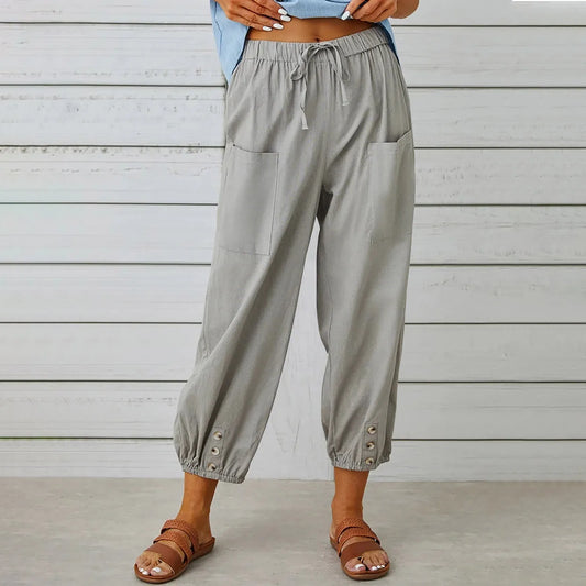 New loose fit high waisted buttoned cotton and linen pants, 9/10 Wide leg women's pants