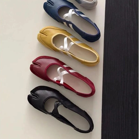 Split-Toe Casual Ballet Flats Shoes Women Pu Leather Cross Band Mary Janes Shoes Spring Autumn Streetwear Elegant Loafers New