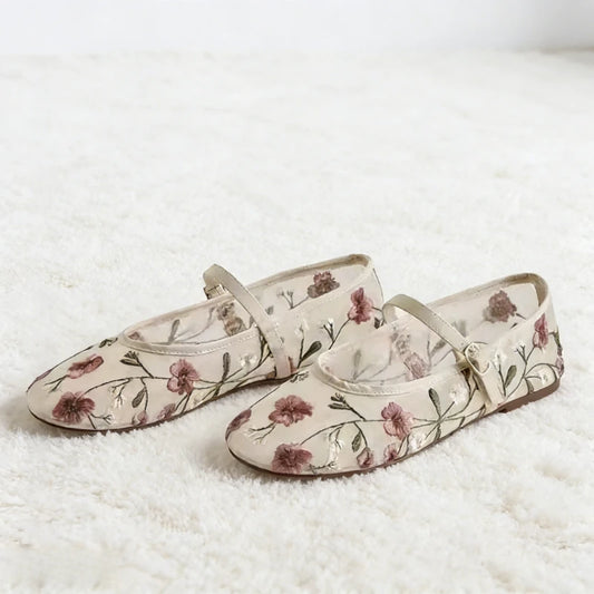 Summer Mesh Embroidered Flower Ballet Flats Women Light Breathable Mary Jane Shoes Luxury Designer Flats Comfortable Casual Shoe