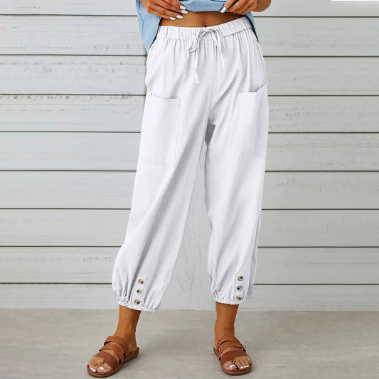 2024 New loose fitting high waisted button cotton and linen pants from Europe and America cropped pants wide leg women's pants