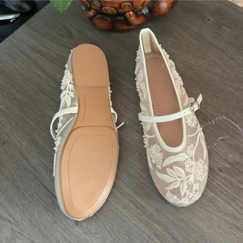 2026 New Women Mary Jane Flats Round Toe Floral Embroidered Mesh Strap Summer Comfortable Breathable Daily Walking Shoes