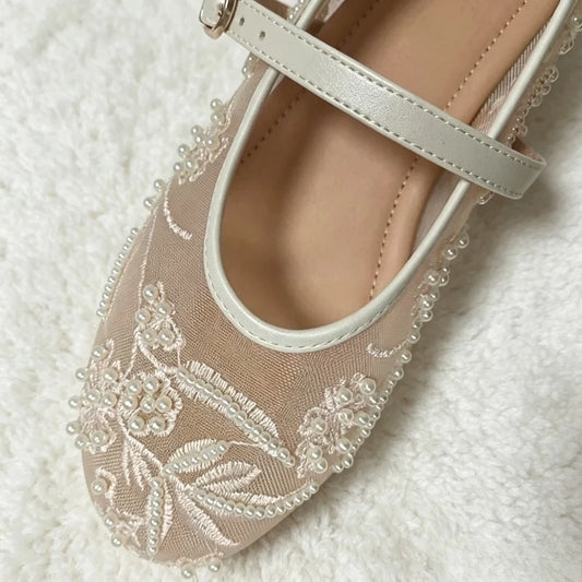 Mesh Embroidery String Bead Brand Women Ballet Flats Fashion Buckle Breathable Mary Jane Shoe Comfort Low Heel Soft Flat Sandals
