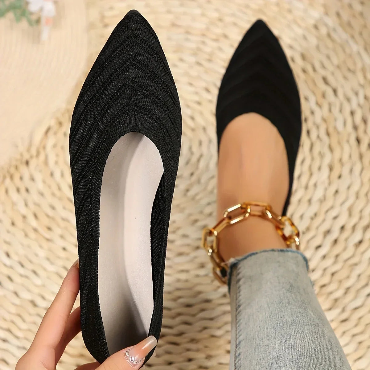 Pointed Toe Flat Shoes Women Office Boat Solid Color Knitted Slip on Shoes Casual Breathable Ballet Flats Women Shoes Loafers