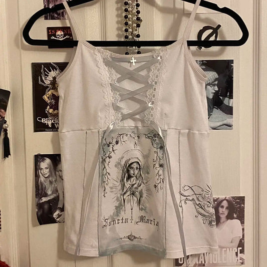 Y2k 2000s Tops Gothic Emo Girls Camisole Tops Printing Grunge Crop Tops Clothes Vintage Punk Women Corset Tank Top Silk Baby Tee
