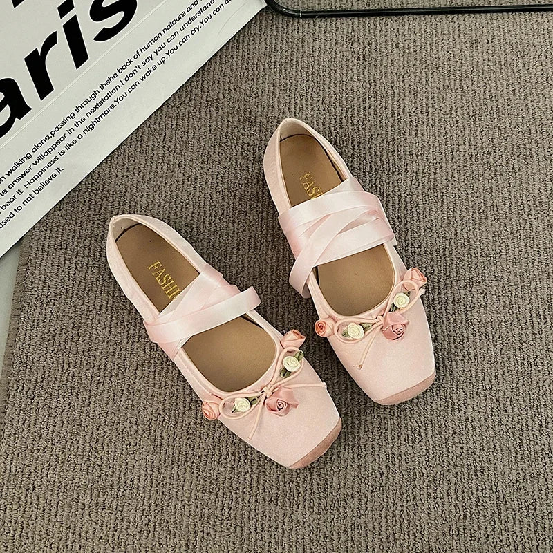 Luxury Lace Tie Leg Satin Silk Ballet Flats Woman Square Toe Bowknot Elastic Band Ballerinas Ladies Wedding Floral Shoes