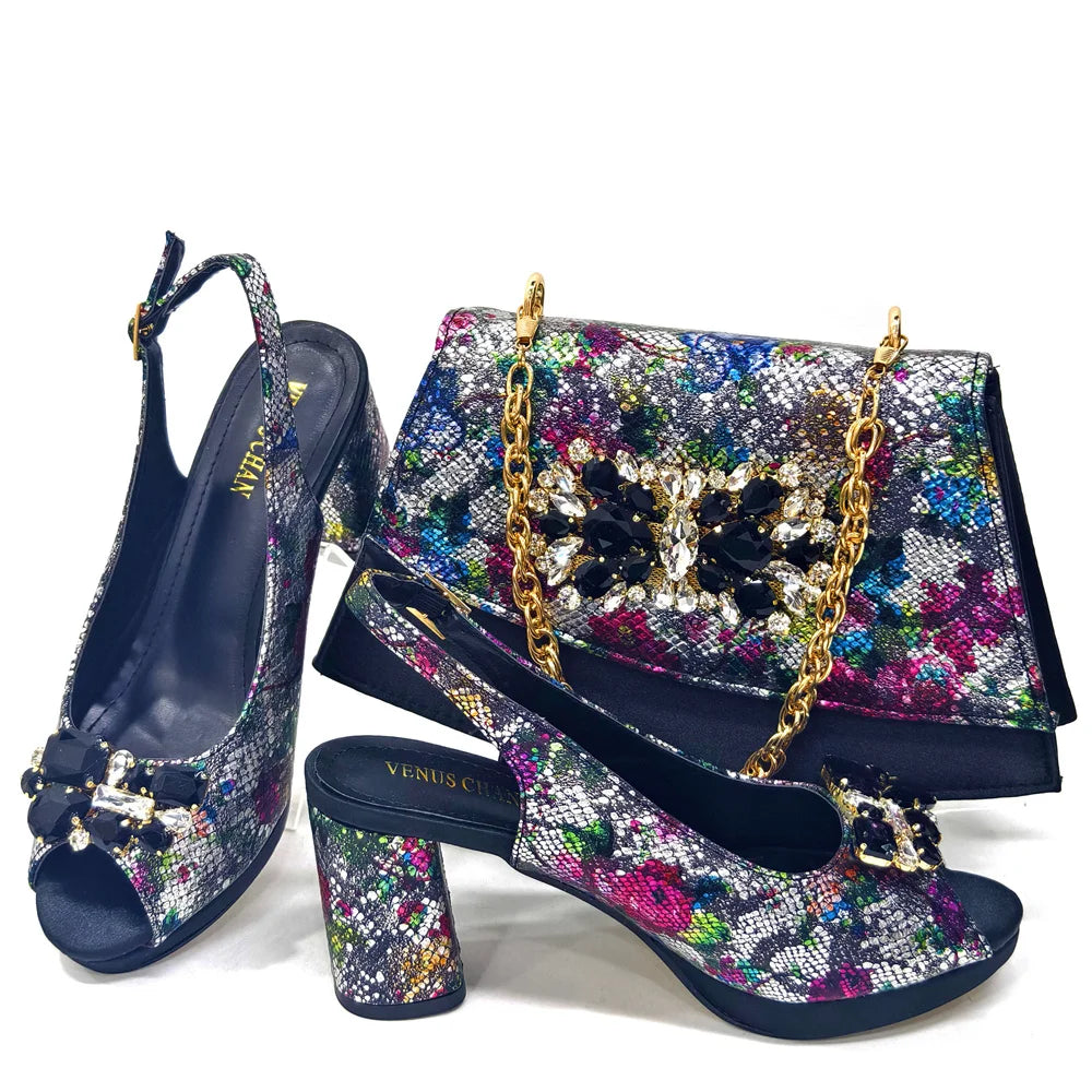 Venus Chan Italian Sandals and Bags Matching Set 2024 Women Heel Party for Gold Colour Wedding Bigger Size Thick Heel Shoes