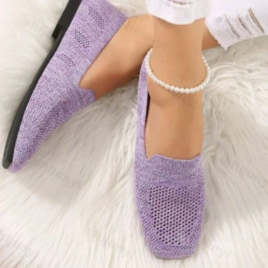 2024 Solid Color Square Toe Mesh Loafers Shallow Women Flats Shoes Soft Bottom Knit Ballet Flats Shoes Casual Slip on Boat Shoes