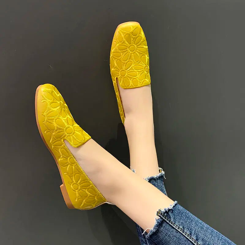 Size 35-42 Square Toe Summer Shoes for Women Embroidery Designer Shoes Soft Slipon Loafers Moccasin Leisure Women's Ballet Flats