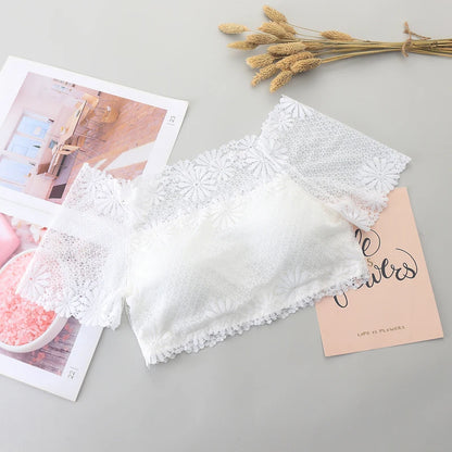 New Wommen Sexy Lace Off Shoulder Crop Tops with Bra Short Sleeve Harajuku Bare Shoulder Crochet Top Female Cotton T-Shirt Lace