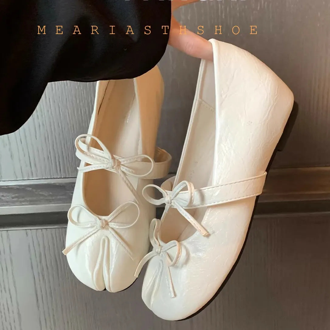 NEW Split Toe Tabi Shoes Size 43 Genuine Leather White Ballet Flats Women Low Heel Mary Janes Pumps Ballerinas Zapatos Mujer