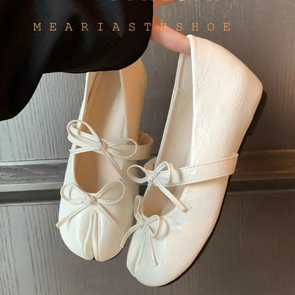 NEW Split Toe Tabi Shoes Size 43 Genuine Leather White Ballet Flats Women Low Heel Mary Janes Pumps Ballerinas Zapatos Mujer