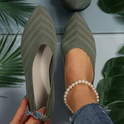 Pointed Toe Flat Shoes Women Office Boat Solid Color Knitted Slip on Shoes Casual Breathable Ballet Flats Women Shoes Loafers