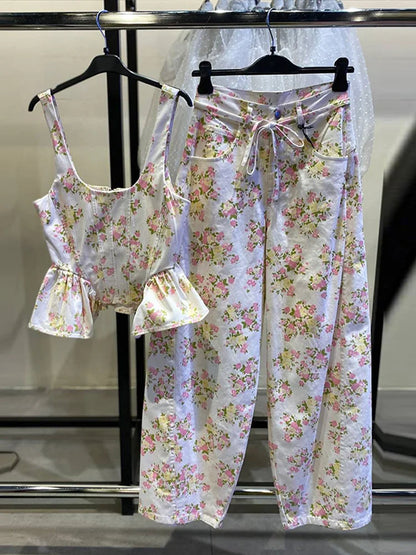 Women Pants Sets Peplum Matching Set Floral Print Vest Sleeveless Top Wide Leg Trousers 2-Piece Outfit Spring Woman Clothes