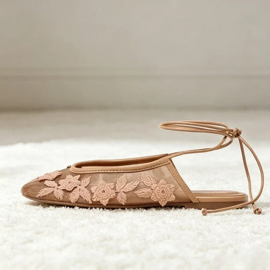Women’s mesh ballet flats with embroidered floral design and breathable hollow detailing