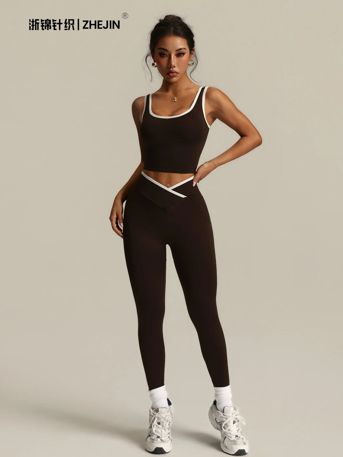 2 Piece Yoga Set Women Crossover V Waist Leggings Contrast Trim Sports Bra Gym Workout Matching Set Fitness Activewear Suit