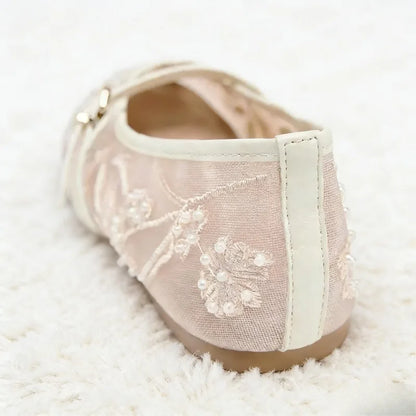 Embroidery Pearl Mesh Ballet Flats Women Fashion Hollow Round Toe Flat Sandals Elegant Comfortable Belt Buckle Mary Jane Shoes