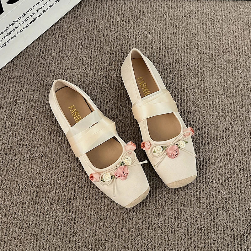 Luxury  Lace Tie Leg Satin Silk Ballet Flats Woman Square Toe Bowknot Elastic Band Ballerinas Ladies Wedding  Floral Shoes