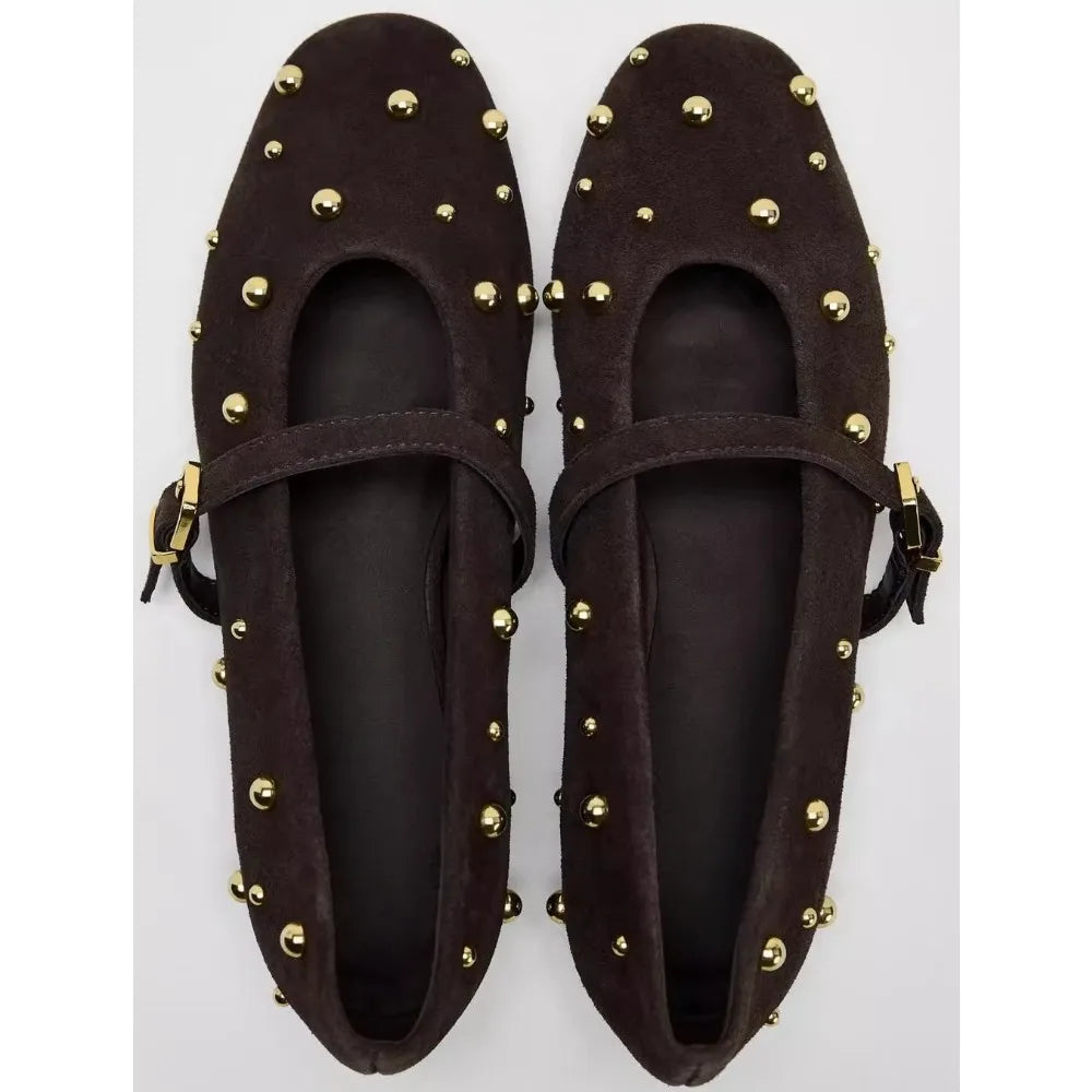 Flat Shoes for Women Spring/autumn Brown Imitation Suede Studded Round Toe Ballet Flats with Straight Stripes Mary Jane Pumps