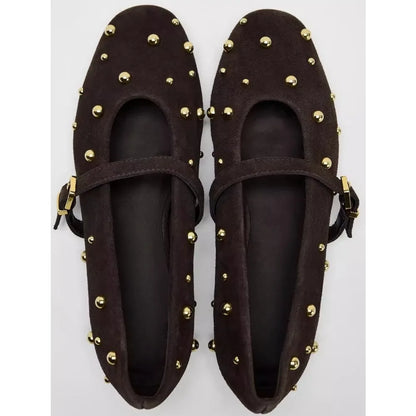 Flat Shoes for Women Spring/autumn Brown Imitation Suede Studded Round Toe Ballet Flats with Straight Stripes Mary Jane Pumps