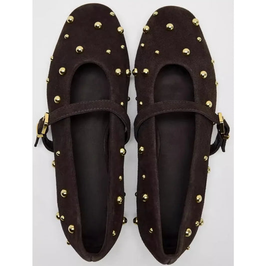 Flat Shoes for Women Spring/autumn Brown Imitation Suede Studded Round Toe Ballet Flats with Straight Stripes Mary Jane Pumps