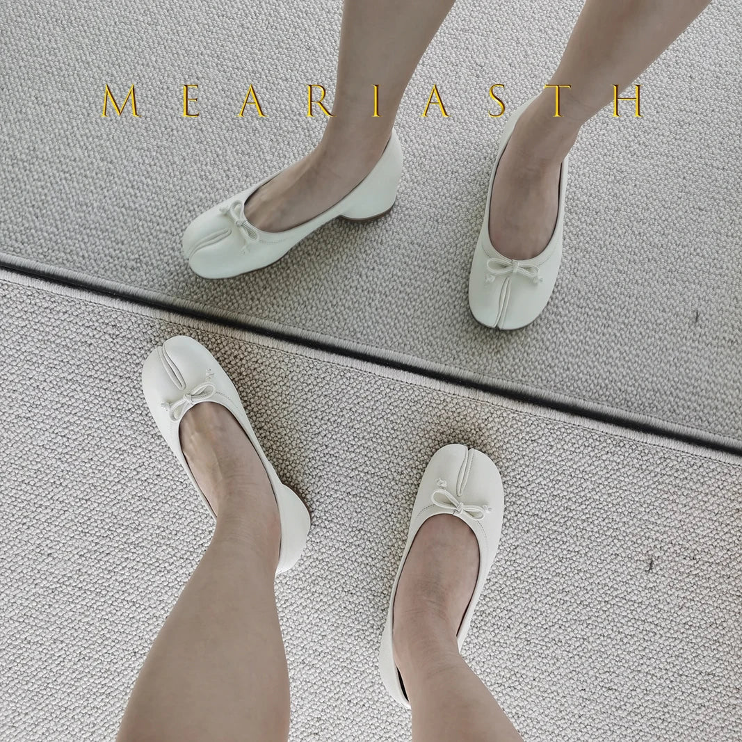 NEW Split Toe Tabi Shoes Size 43 Genuine Leather White Ballet Flats Women Low Heel Mary Janes Pumps Ballerinas Zapatos Mujer