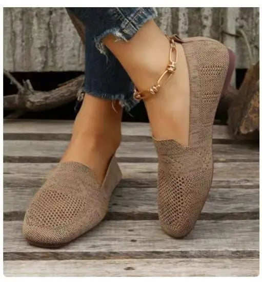 2024 Solid Color Square Toe Mesh Loafers Shallow Women Flats Shoes Soft Bottom Knit Ballet Flats Shoes Casual Slip on Boat Shoes