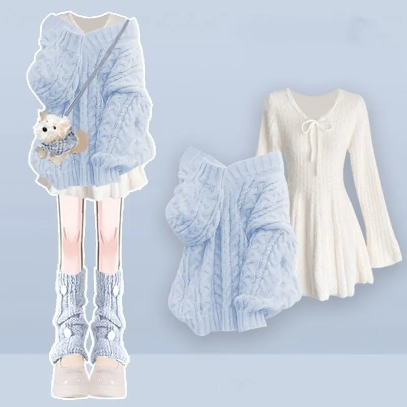 Women's 2026 Winter New Fashion Knitted Sweater Midi Skirt Matching Set Korean Elegant Pullover+Long-sleeve Dress Two Piece Suit
