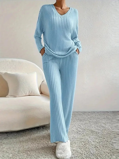 Autumn Winter 2 Pieces Sweater V-neck Ribbed Knit Tops and Trousers Matching Set Women Homewear Casual Outfits