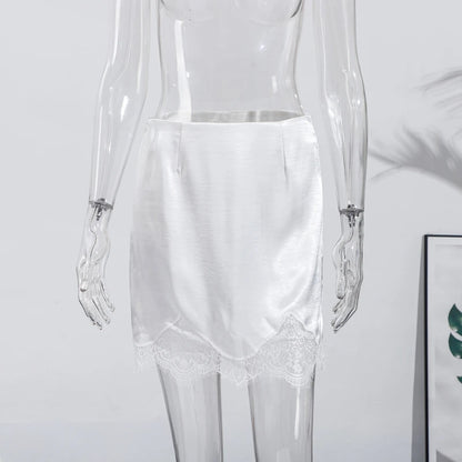 Sexy Women's Satin Sleeveless Bodysuit White Lace Hem Skirts 2025 Matching Set Chic Bodycon Deep V Open Back Top Female Outfit