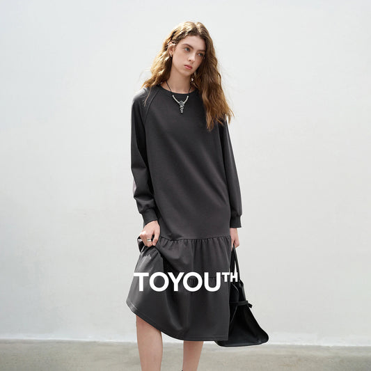 TOYOUTH Women Sweatshirt Dresses 2026 Spring New Cotton Loose Crew Neck Raglan Sleeve Casual Sporty Dress