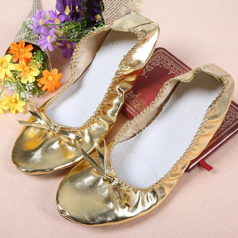 Professional Bowknot Belly Dancing Shoes Golden Leather Foldable Ballet Flats Round Toe Foldable Ballerina Flats Girls