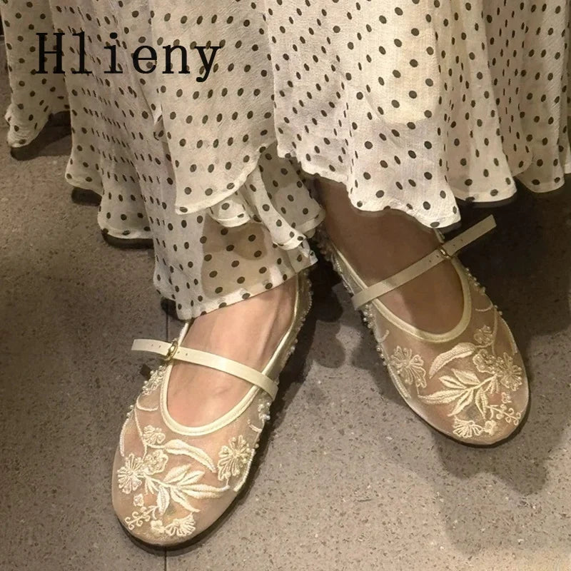 Women’s pearl mesh ballet flats with embroidered flowers and pearl details