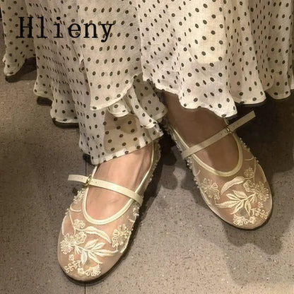 Women’s pearl mesh ballet flats with embroidered flowers and pearl details