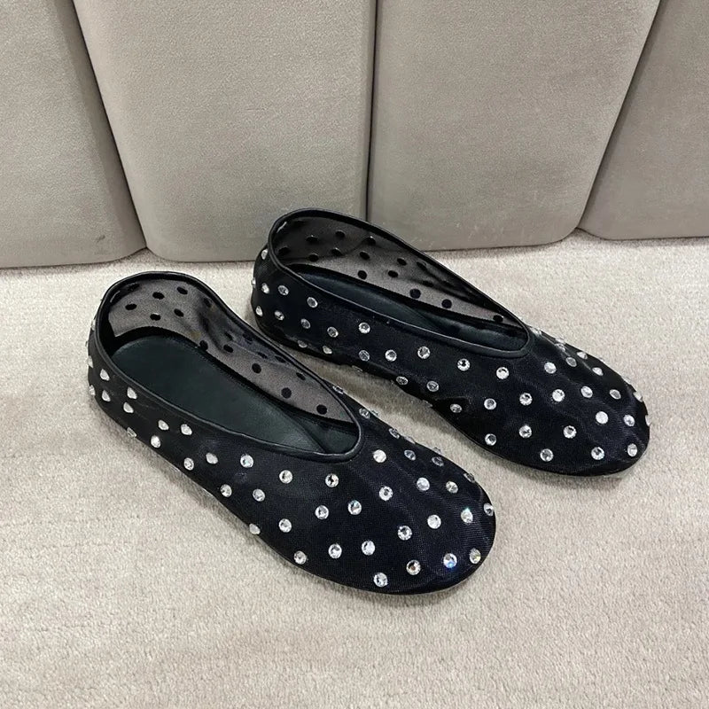 Fashion Crystal Women Ballet Flats Mesh Dance Flat Shoes Casual Driving Walking Loafers Espadrilles Ladies Slip-on Lazy Shoes