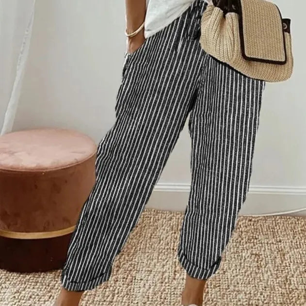 Women's Casual Striped Cotton Linen Pants Elastic Waist Loose Fit Cropped Trousers with Pockets Summer Beach Pants