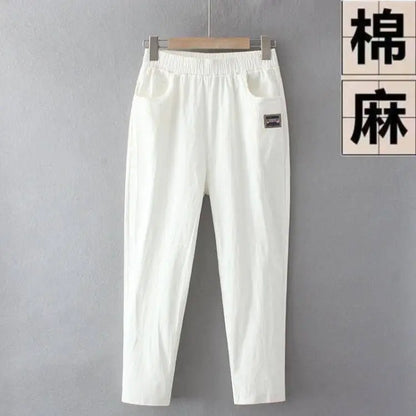 Women's Loose Cotton Linen Pants High Waist Nine Points Slimming Casual Harlan Pants Breathable Thin Linen Material