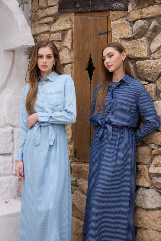 AS  SS26 Lyocell light Denim pinstripe wrap shirt + dress matching set fashionable vitality women's outfit