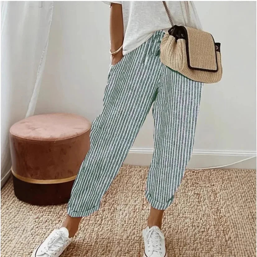 Women's Casual Striped Cotton Linen Pants Elastic Waist Loose Fit Cropped Trousers with Pockets Summer Beach Pants