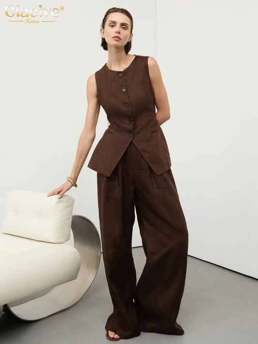 Clacive Summer Slim Brown Linen Pants Set 2 Piece Woman Fashion Sleeveless Tank Top With High Waist Wide Trousers Suits Female