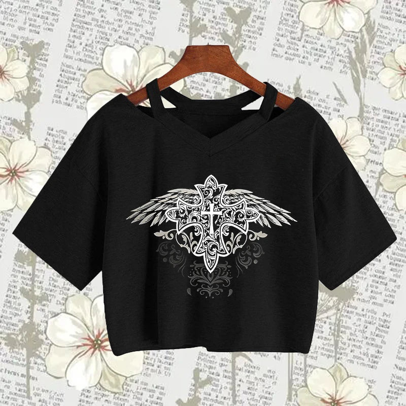 Y2k Streetwear Goth Harajuku T-shirt Fashion Vintage Aesthetic Versatile Crop Top Women Creative Comic Pattern Printing Baby Tee