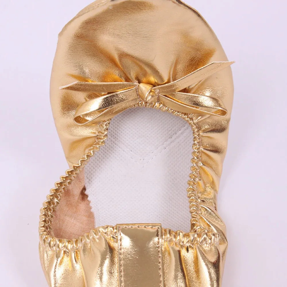 Professional Bowknot Belly Dancing Shoes Golden Leather Foldable Ballet Flats Round Toe Foldable Ballerina Flats Girls