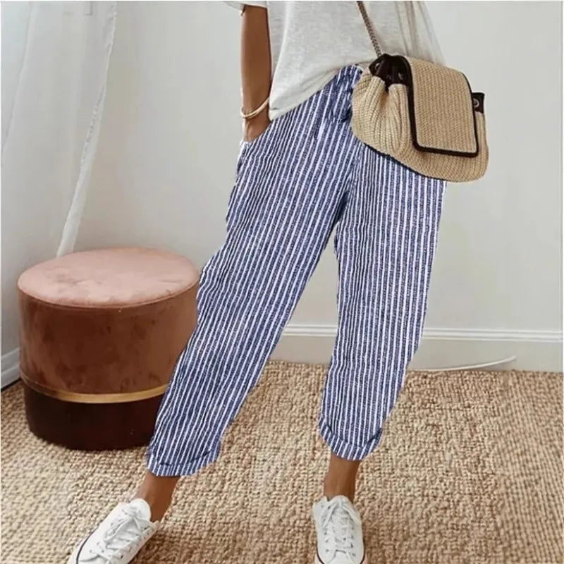 Women's Casual Striped Cotton Linen Pants Elastic Waist Loose Fit Cropped Trousers with Pockets Summer Beach Pants